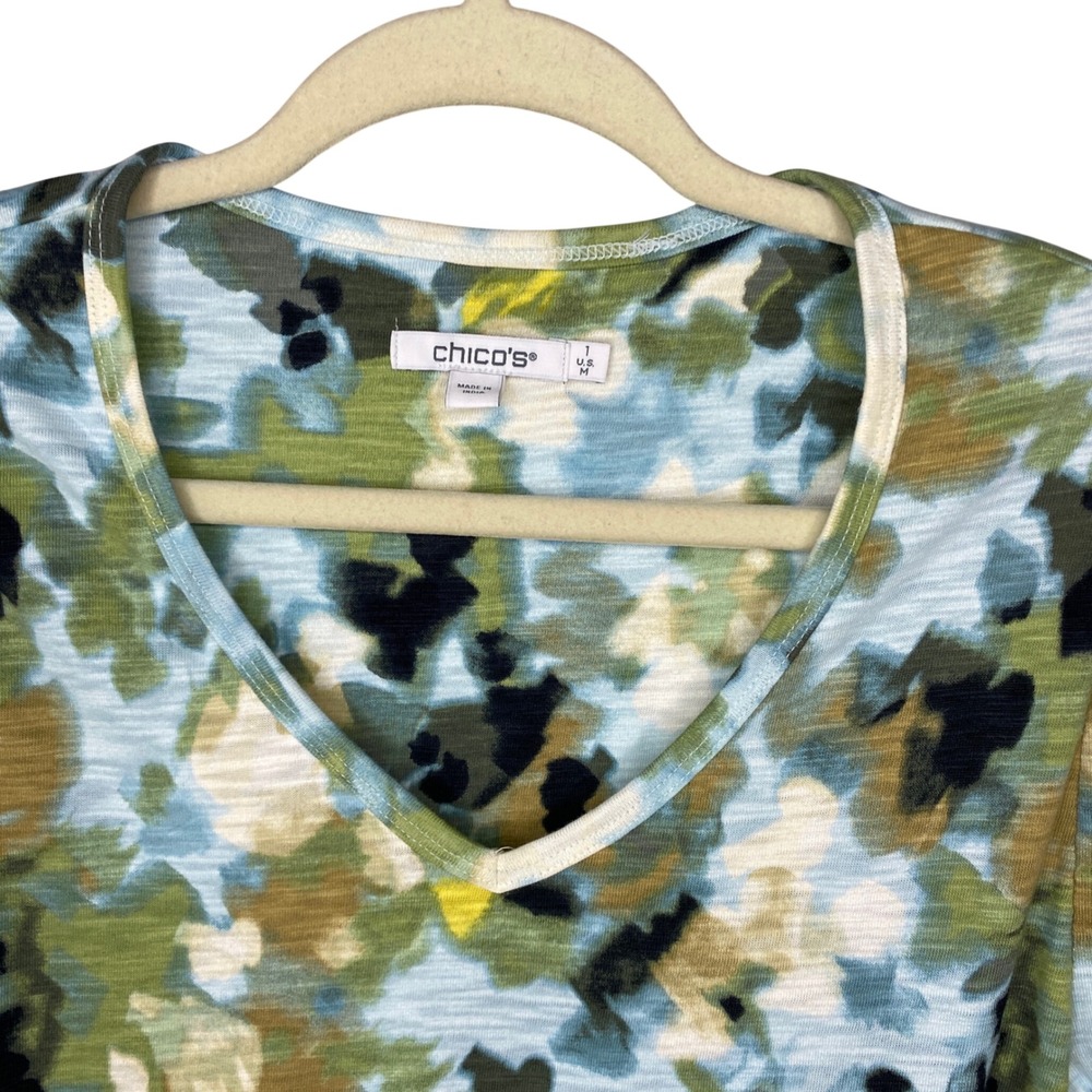 Chicos Womens Size 1 US M Blue Green Abstract Watercolor V-Neck Long Sleeve Top - Picture 4 of 8